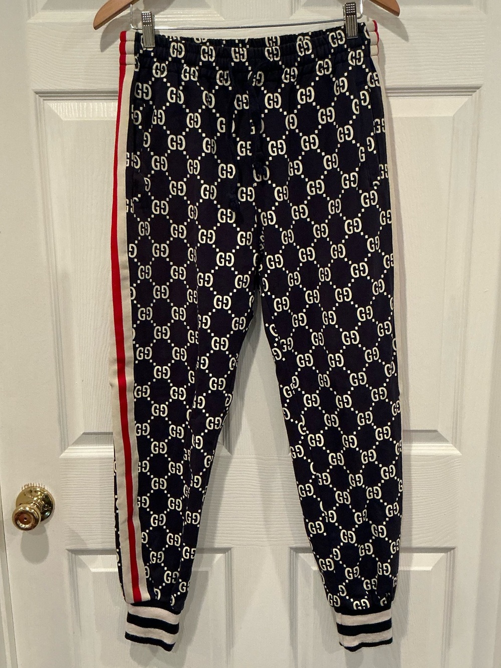 Gucci Black GG Logo Sweatpants with Red & White Side Stripe